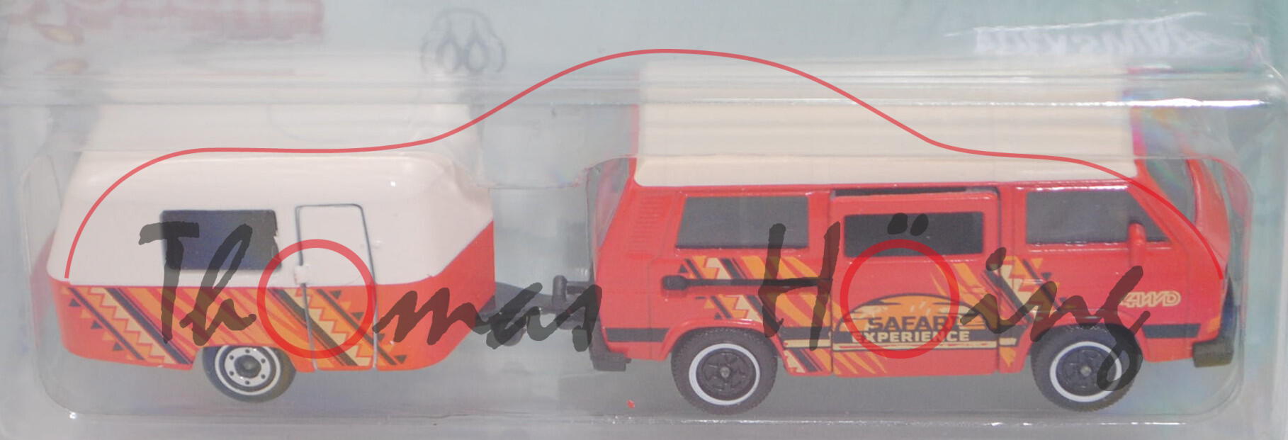 VW Transporter JOKER 1 syncro (Typ T3, Mod. 85-89) mit ERIBA-Wohnanhänger, rot, majorette, Blister