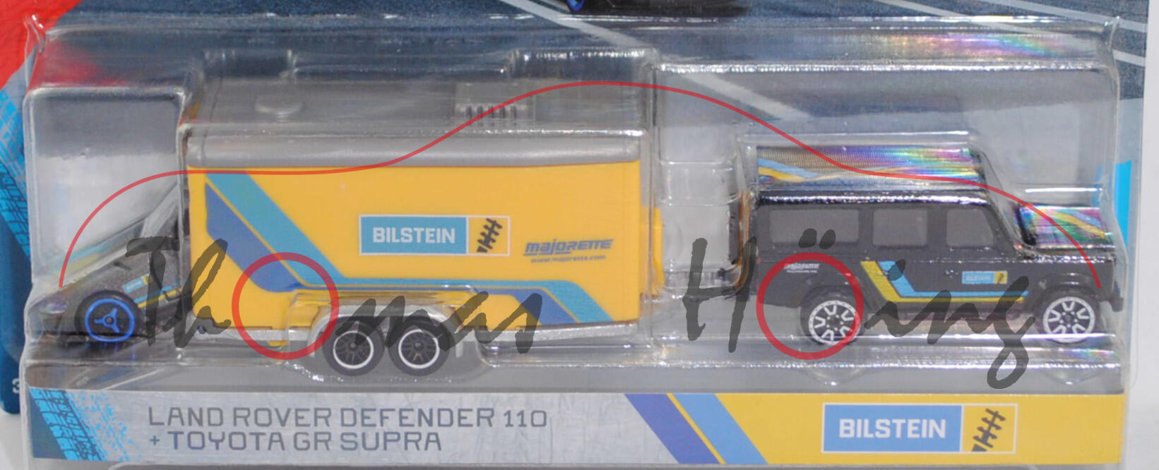 Land Rover Defender 110 County Station-Wagon S mit Autotransporter und Toyota GR Supra SZ-R / Dynamic vom Team BILSTEIN, schwarz, majorette, Blister (RACING Deluxe Trailer)