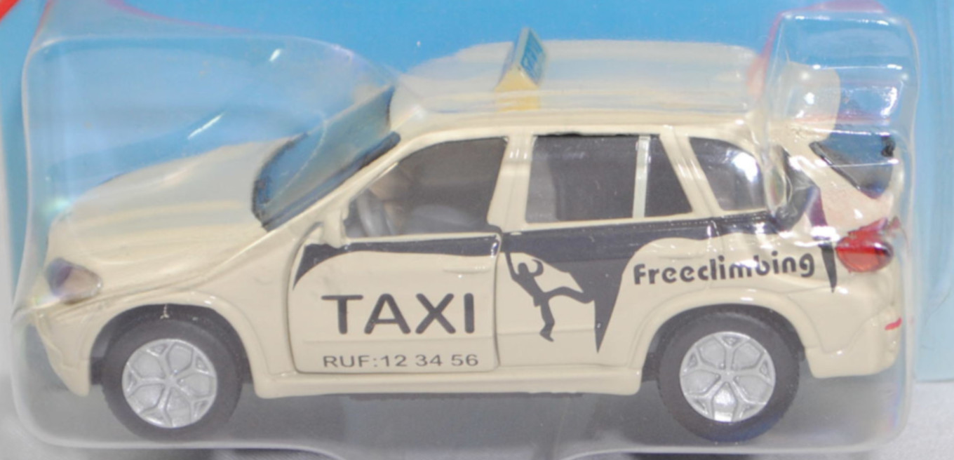 00001 BMW X5 3.0si / xDrive30i (E70, Modell 2006-2008) Taxi-Geländewagen, hellelfenbein, TAXI / RUF:12 34 56 / Freeclimbing, SIKU SUPER, 1:58, P29a vergilbt