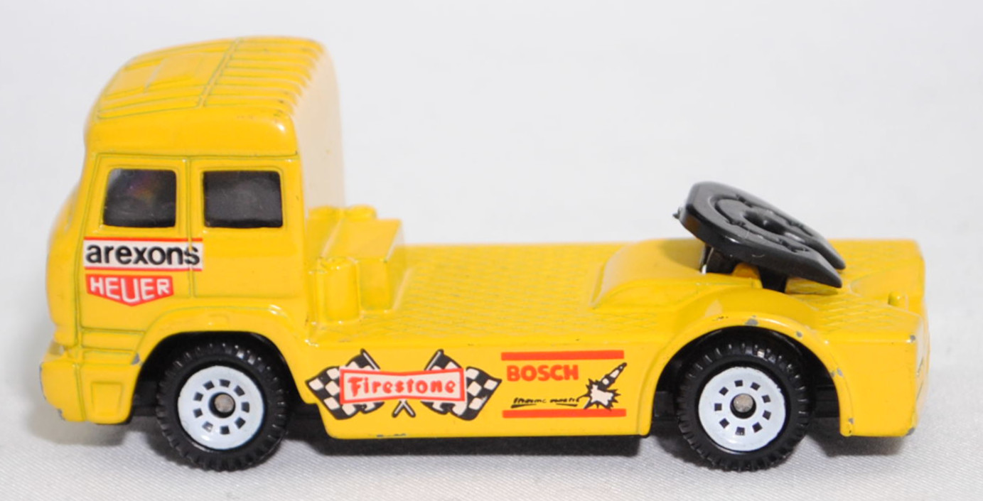 00001 Iveco TurboStar (Modell 1987-1990) Renntruck (Truck-Racing-Europameisterschaft 1989-1993, Klasse B), gelb, arexons / HEUER / Firestone / BOSCH, C1 reinweiß, SIKU, 1:86, m-