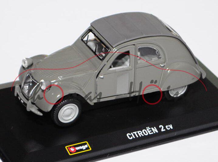 Citroen 2CV (Modell 1949-1954, Baujahr 1952), moosgrau, innen grau, Türen zu öffnen, Bburago Street 