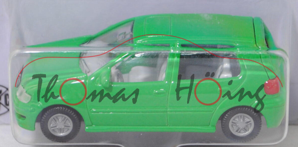 00002 VW Polo 1.4 Trendline 5-Türer (Modell 1999-2001), hell-verkehrsgrün, C10 silbergrau, SIKU, 1:55, P26 (vergilbt)