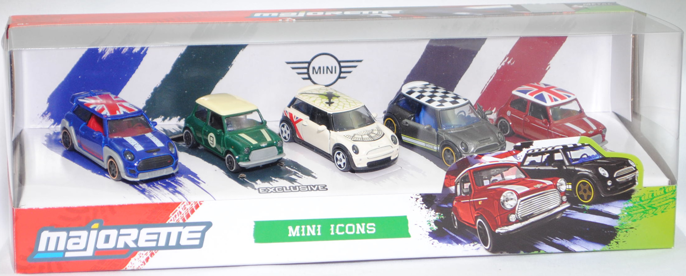 Giftpack MINI ICONS: MINI John Cooper Works GP (Modell 2020) + 2x MINI Cooper 1.3i (Modell 1991-1996) + 2x MINI Cooper S, majorette, mb (MINI ICONS EDITION)
