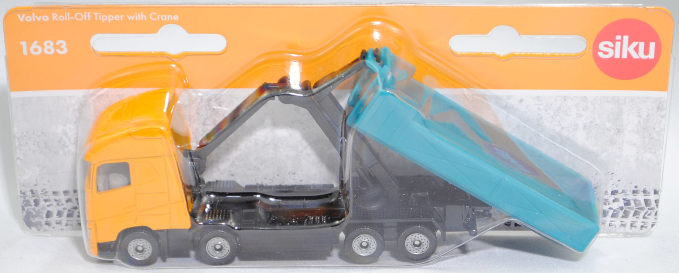 00000 Volvo FH16 750 Globetrotter-XL 8x4 (Modell 2013-2020) Abrollkipper mit Ladekran und Abrollcontainer, melonengelb/schwarz/wasserblau, C36, SIKU SUPER, 1:87, P29f