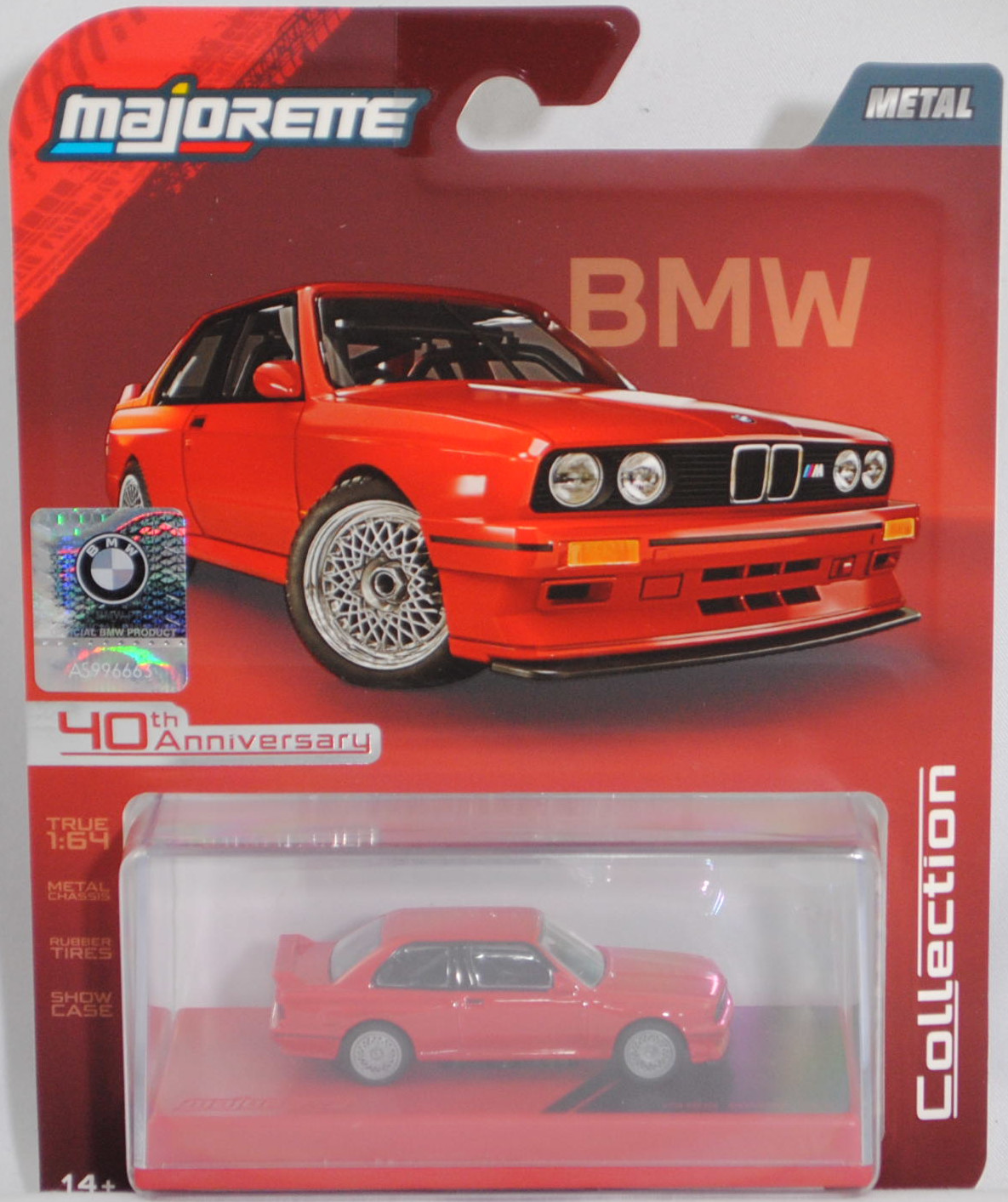 BMW M3 Gruppe A DTM (E30, FIA-Homologationsnummer 5327 nach Gruppe-A-Reglement, Modell 1987-1996) (Nr. 257F), signalrot, majorette, 1:64, PC-Box im Blister (Collection)