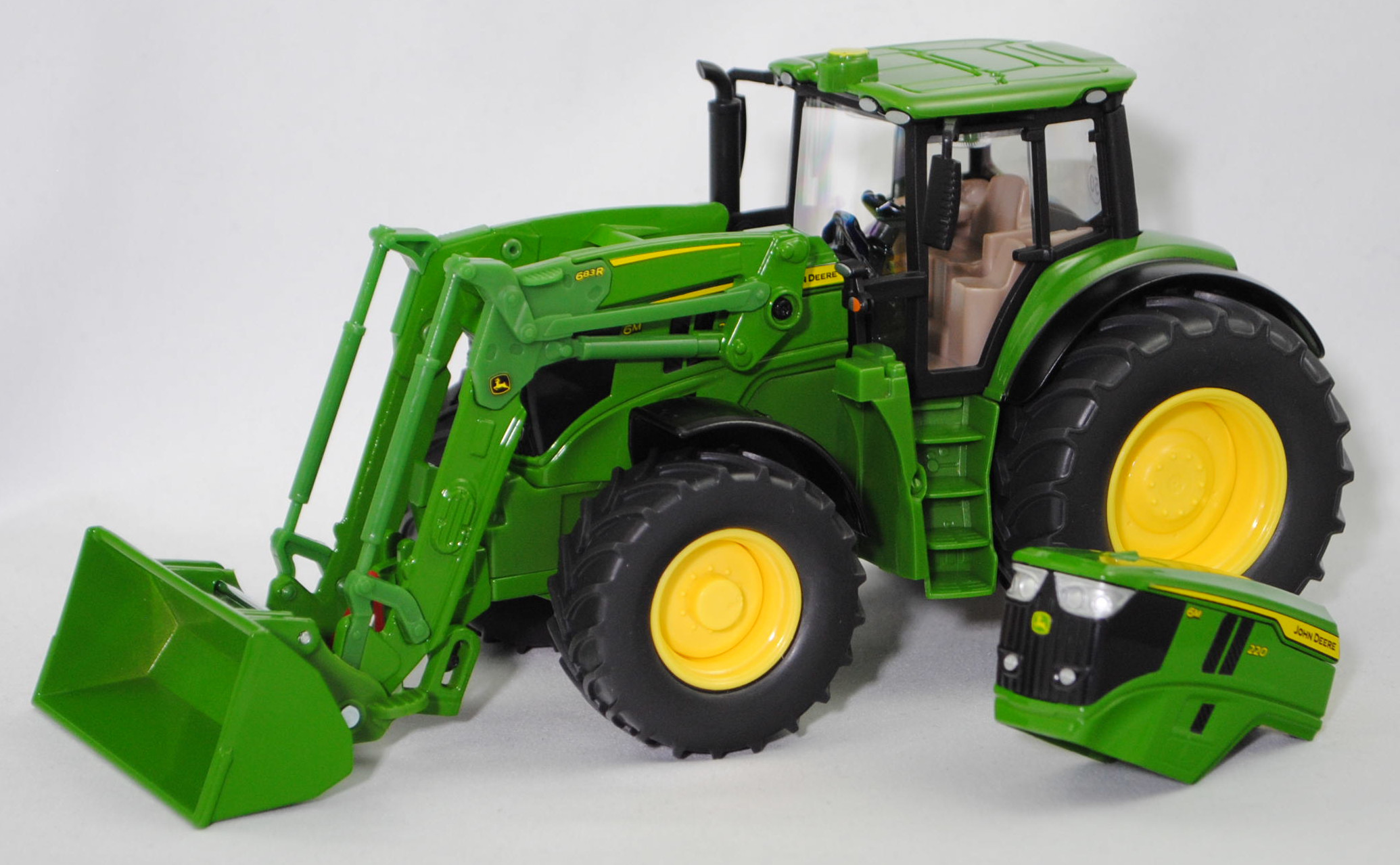 00000 John Deere 6M 220 (4. Generation, Baureihe 6M, Typ 6M, Modell 2024-) mit abnehmbarem Frontlader John Deere 683R, smaragdgrün, SIKU FARMER 1:32, L17mpK