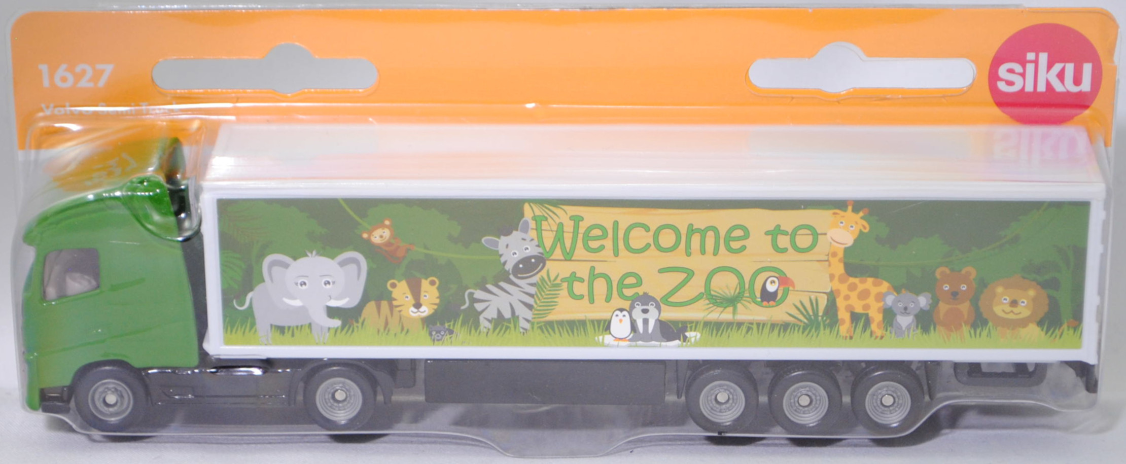 00011 Volvo FH16 750 Globetrotter-XL 4x2 (3. Generation, Vorfacelift, Modell 2013-2020) mit Koffer-Sattelauflieger, grün/weiß, Welcome to / the ZOO, SIKU SUPER, 1:87, P29f