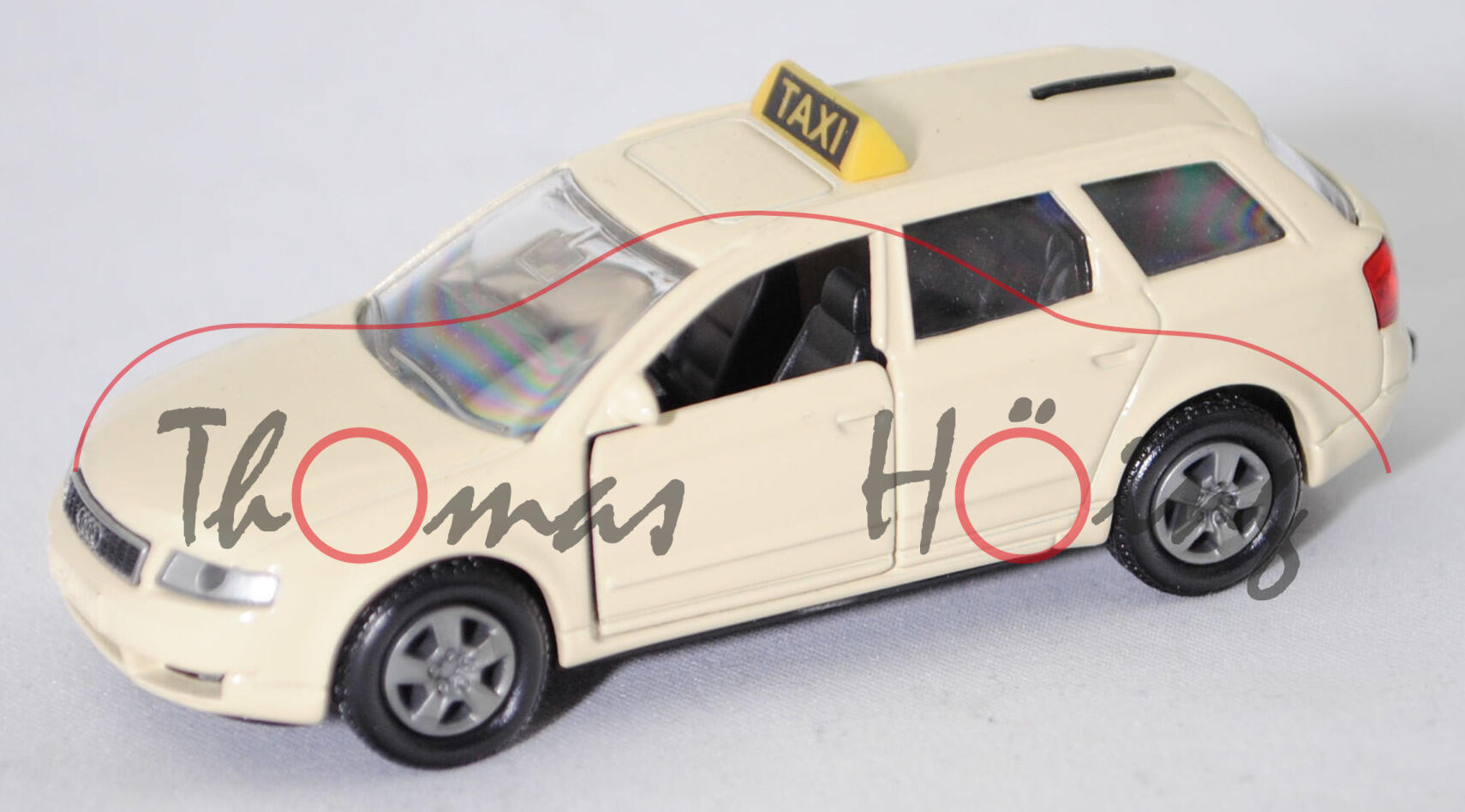 00403 Audi A4 Avant 2.5 TDI quattro (B6, Typ 8E, Modell 2001-2004) Taxi, hellelfenbein, o.K., SIKU, 1:55, m (Sondermodell Siku-Museum, Limited Edition) (Antenne liegt flach auf dem Dach)