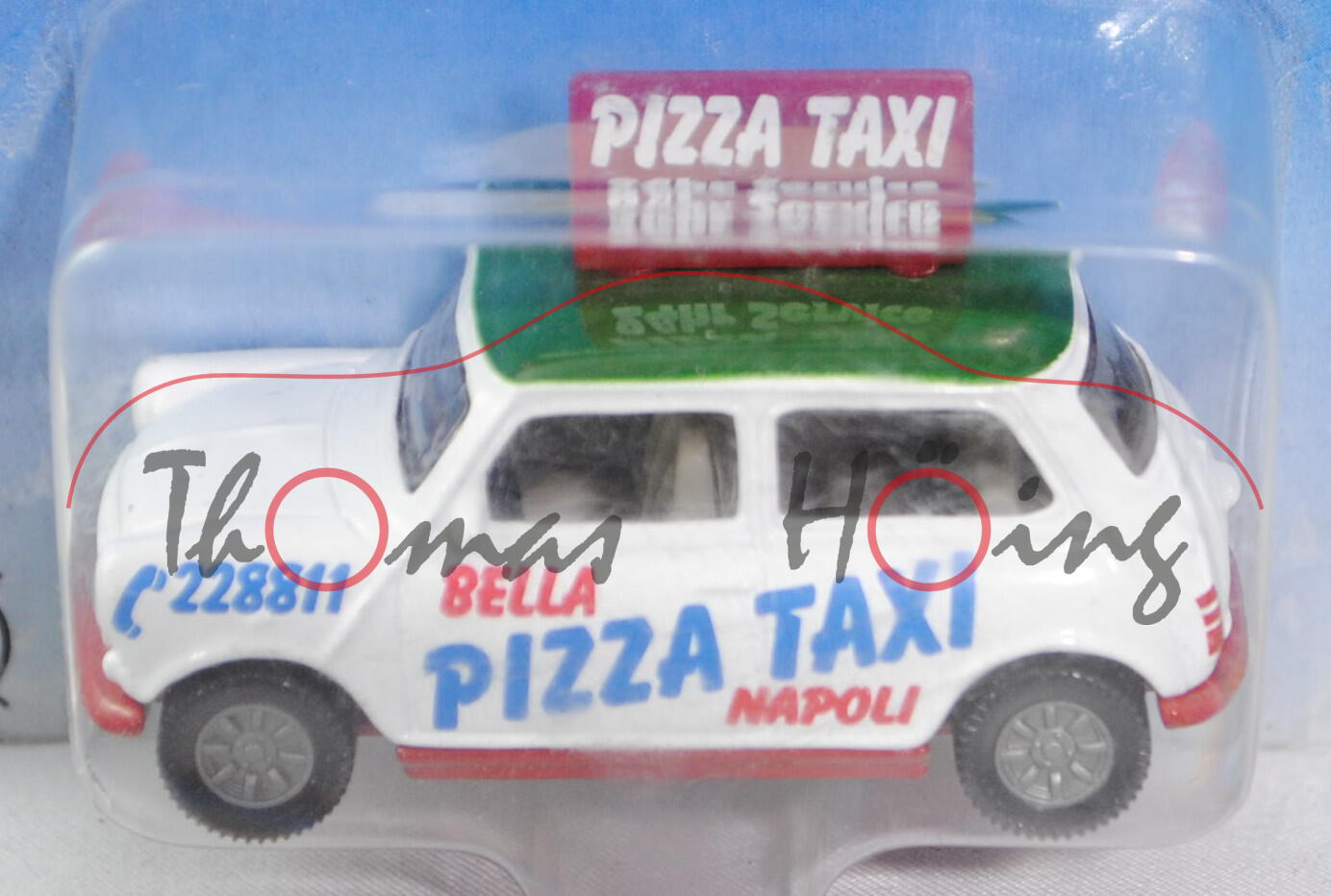 00002 Mini Cooper (Typ MK VI, Mod. 92-96) Pizza-Taxi, reinweiß/minzgrün/karminrot, Dachschild PIZZA