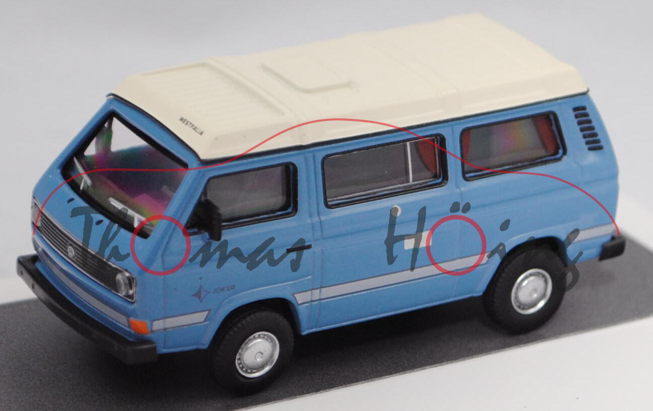 VW Transporter T3 Camping JOKER (Typ 2-Modell '80, Mod. 1979-1983), hell-fernblau, Schuco, 1:64, mb