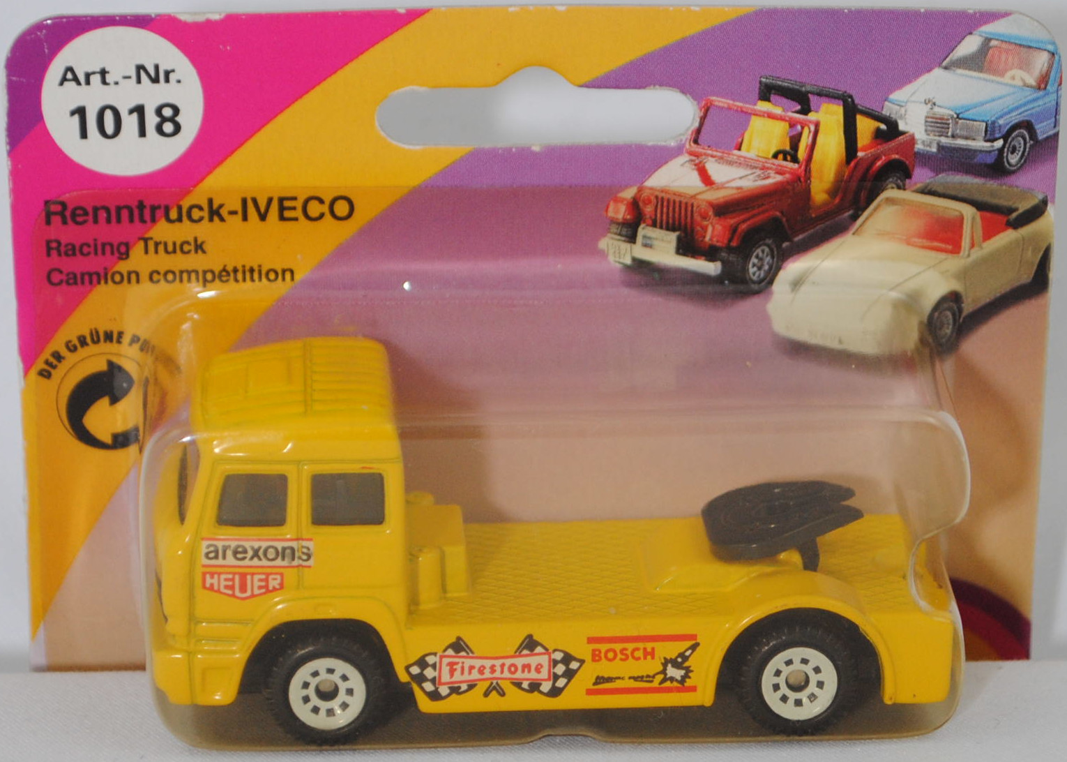 00002 Iveco TurboStar Renntruck (Truck-Racing-Europameisterschaft 1989-1993, Klasse B), gelb, arexons / HEUER / Firestone / BOSCH, Bpr. 1018, C1 weiß, SIKU, 1:86, P23 vergilbt
