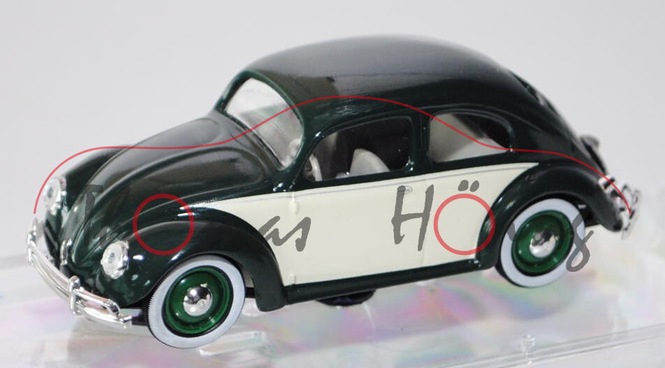 VW Käfer Export-Limousine (Typ 11) (Brezelkäfer), Modell 1949, moosgrün/perlweiß, VITESSE, 1:43, PC-