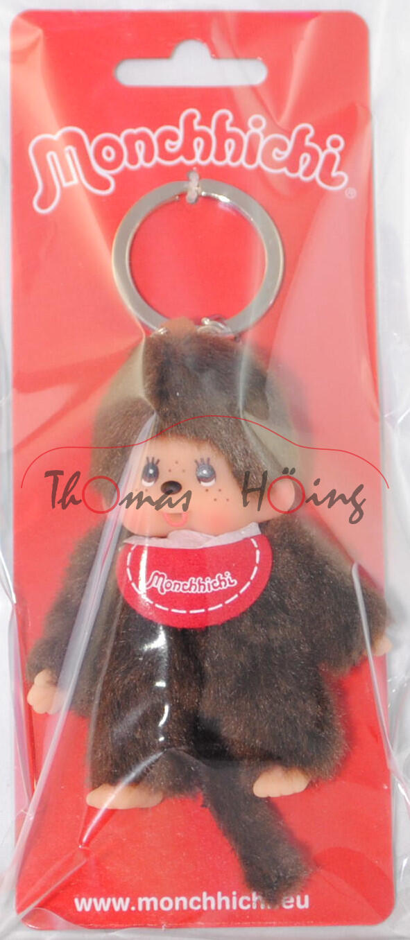 Monchhichi Key Chain Classic Boy Red Bib (Junge mit rotem Latz), Schlüsselanhänger, 10 cm groß, Sekiguchi (EAN 4905610253418)