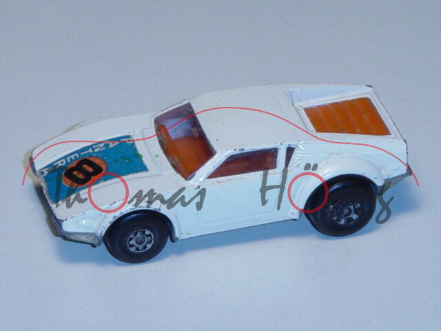 De Tomaso Pantera, cremeweiß, Aufkleber auf der Haube vorne, PANTERA 8, Matchbox Superfast Series, M