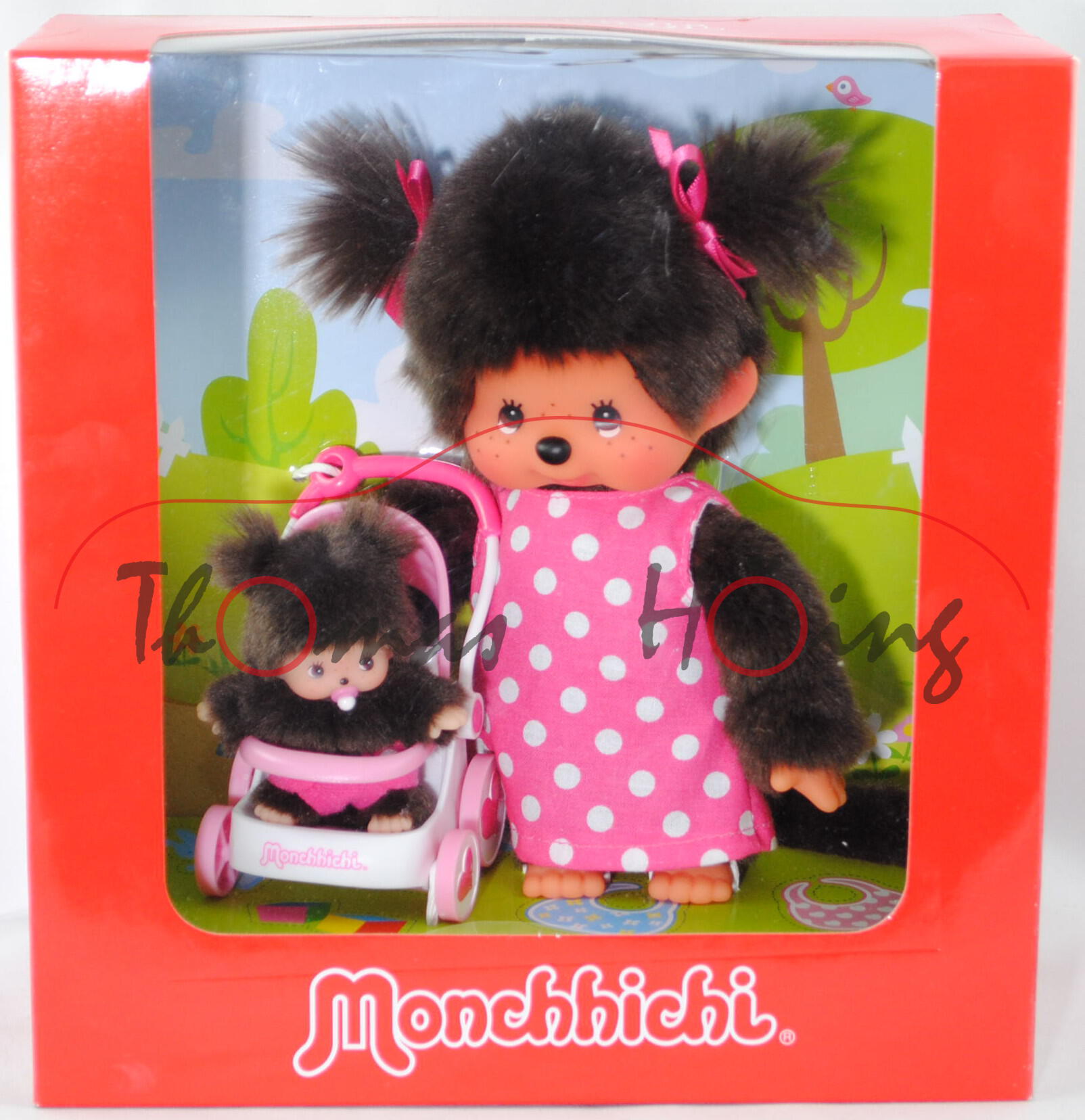 S-size Monchhichi Stroller Set (Kinderwagenset mit Mutter und Baby im Kinderwagen), 20 cm groß, Seki