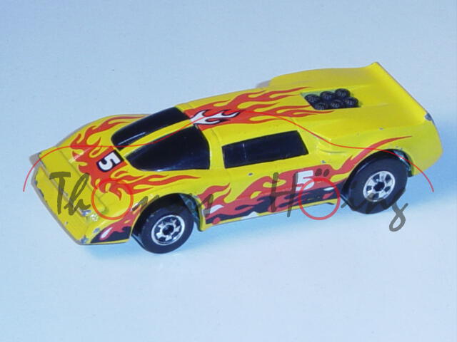 Crash-Car, gelb, Nr. 5, mit Flammendesign, rechte Tür drehbar, HOT WHEELS®, 1:64, Modell mit Lackabp