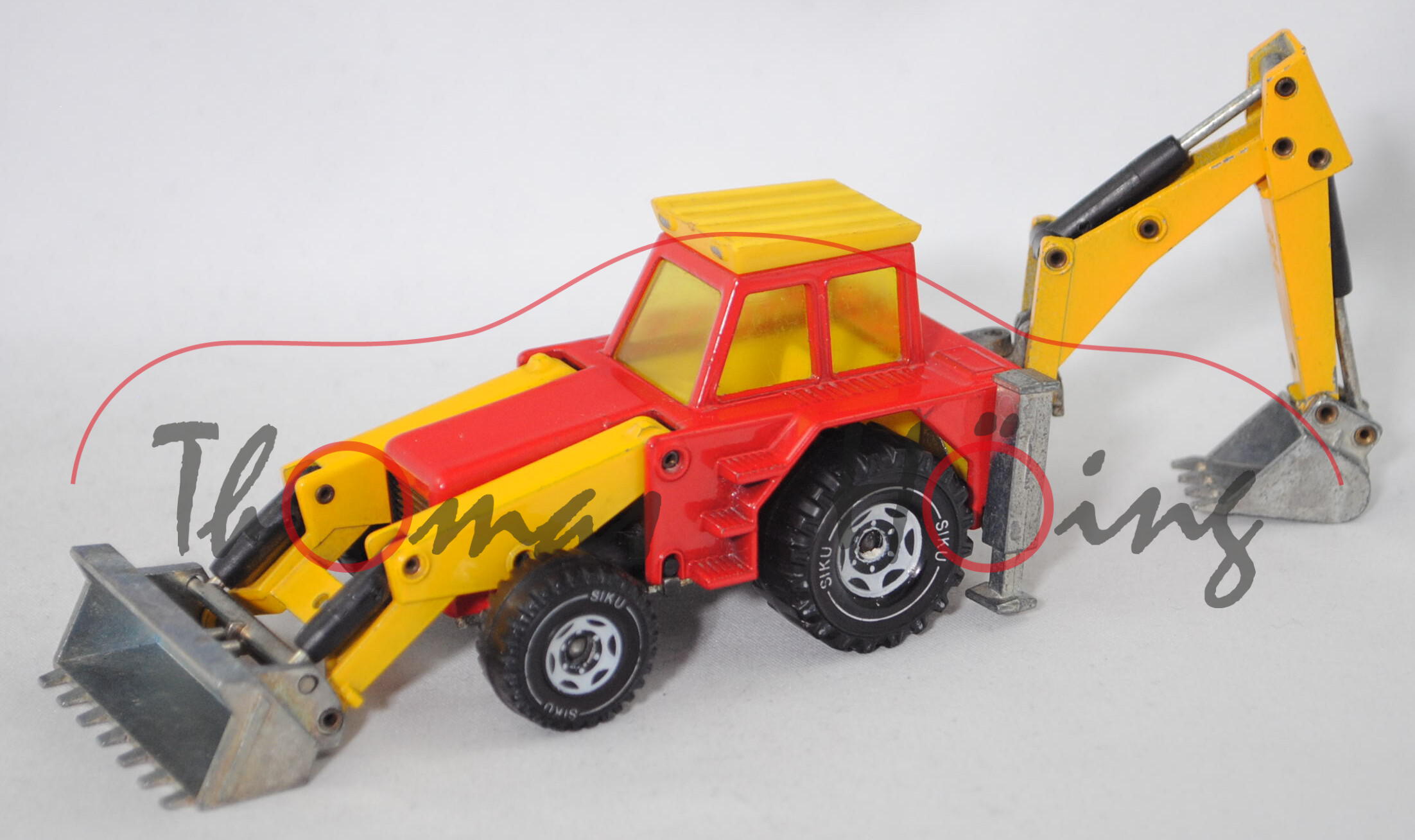 00000 Baggerlader JCB 3X, rot/signalgelb/melonengelb, Verglasung gelb, LKW10/11, Farbabplatzer