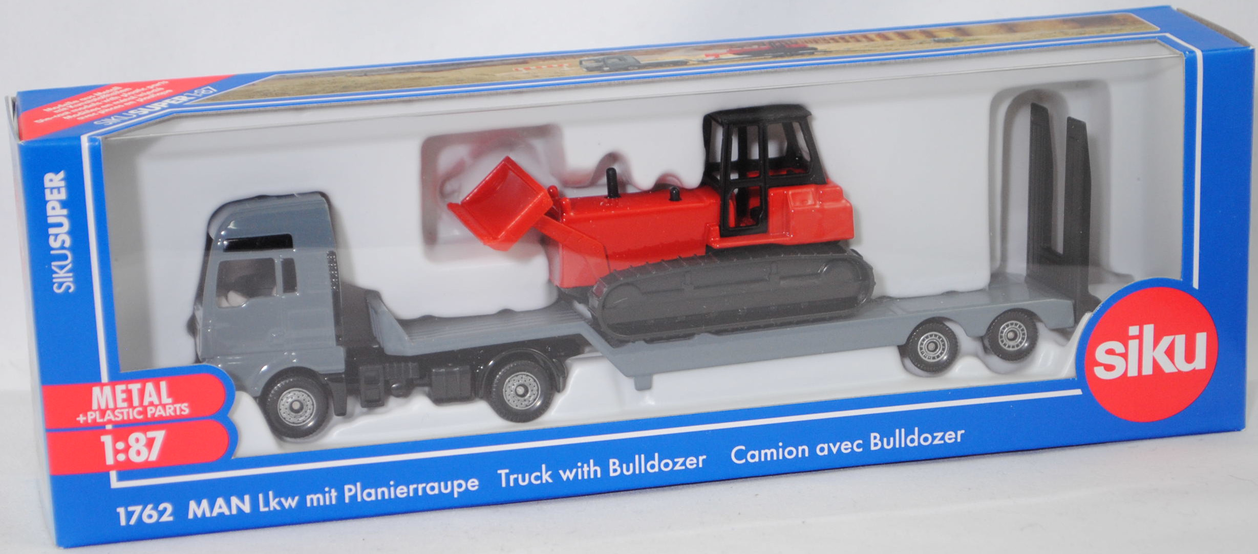 00000 MAN TGX 18.580 D38 XXL (Mod. 17-19) mit Sattelauflieger und Planierraupe, grau und rot SIKU, 1:87, L17mpK