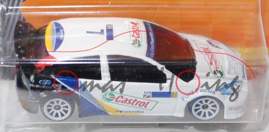 Ford Focus WRC (Nr. 201A), weiß, Castrol / MICHELIN / 7, 10-Speichen-Felge, majorette, 1:57, Blister