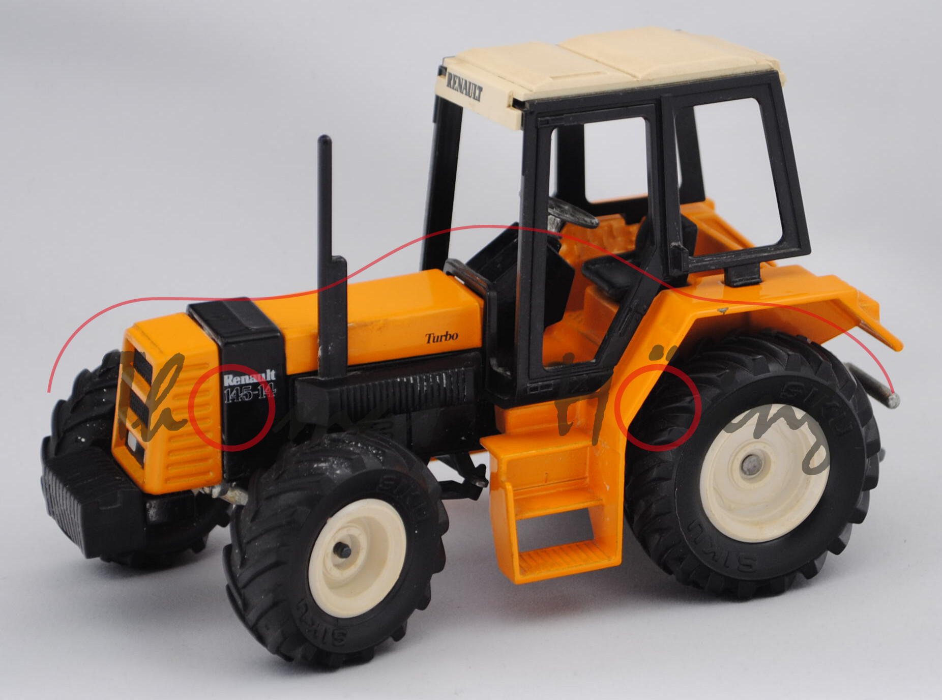 00001 Renault 145-14 TX Traktor, Modell 1981-1986, melonengelb/schwarz, weiße Felgen, minimale Farba