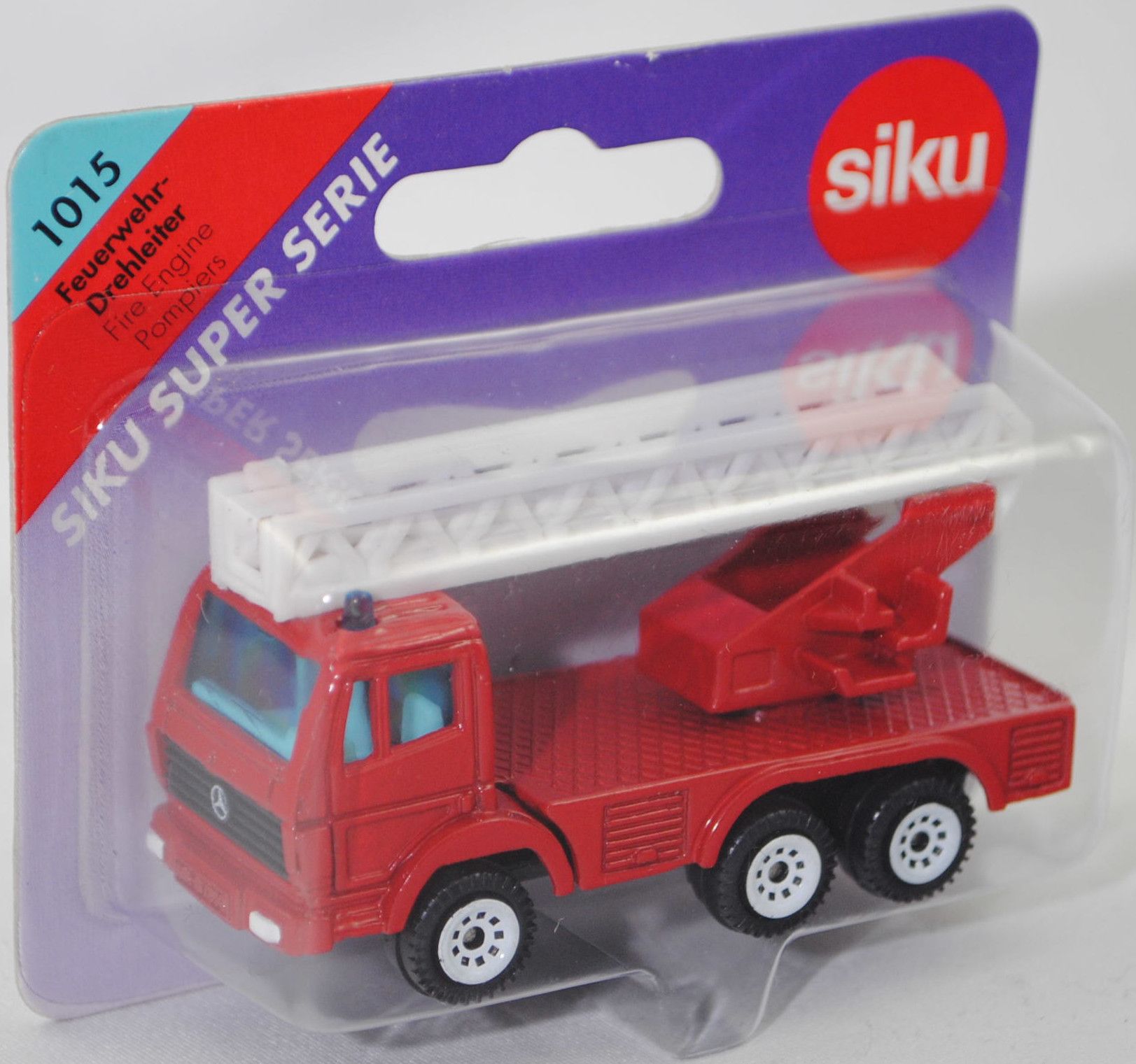 00001 Metz Hubrettungsfahrzeug DL 23-12 S auf Fahrgestell Mercedes-Benz SK 2429 6x4/41 (Modell 1989-1994) (Feuerwehr-Drehleiter), rot, Bpr. 0811/1019/1015, SIKU SUPER, 1:83, P26