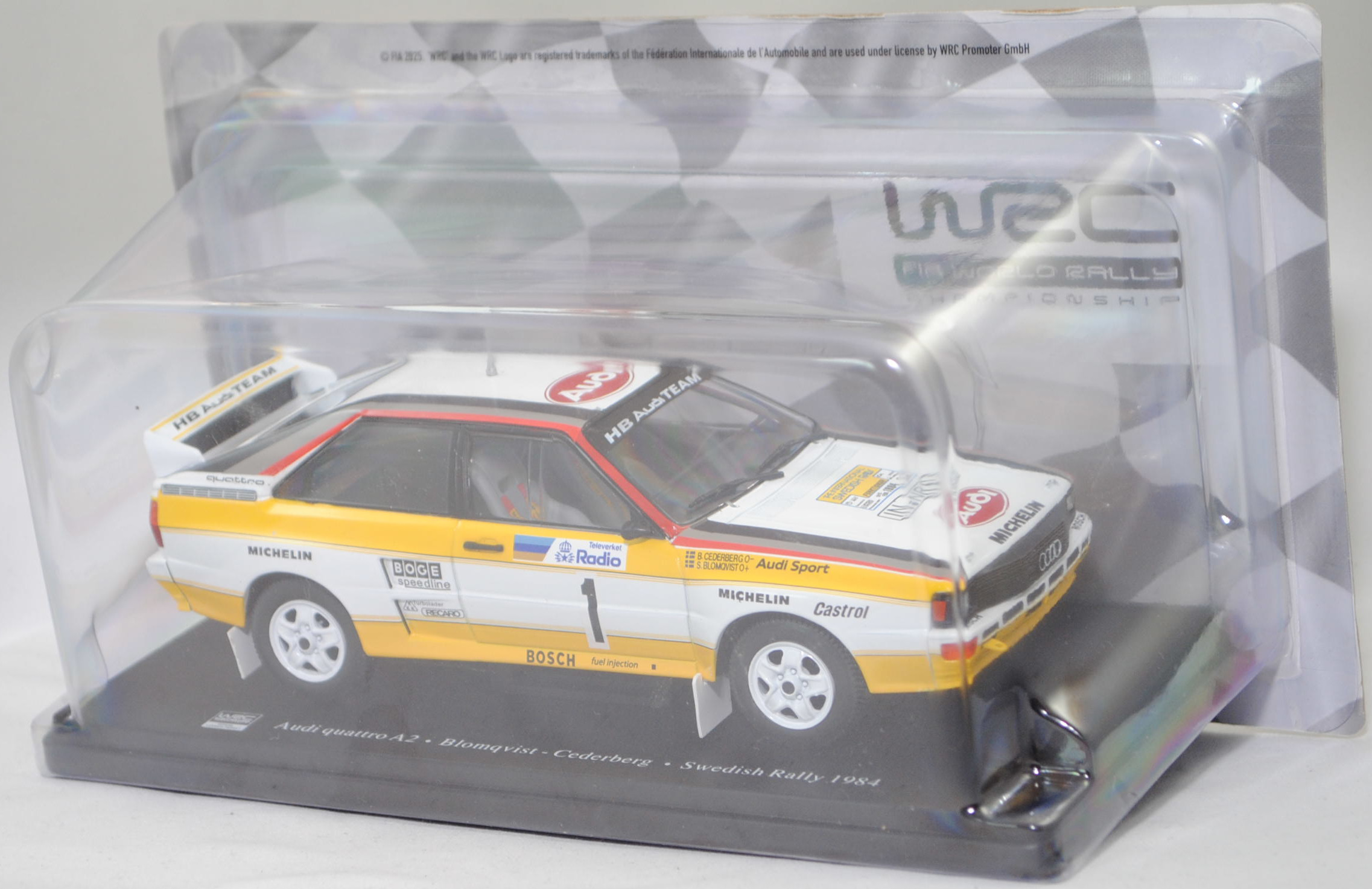 Audi quattro A2 Gruppe B (Modell 1983-1984), alpinweiß/verkehrsgelb, 34. Rallye Schweden 1984, Stig Blomqvist / Björn Cederberg, Team: HB Audi Sport, Startnummer 1, ALTAYA, 1:24, mb