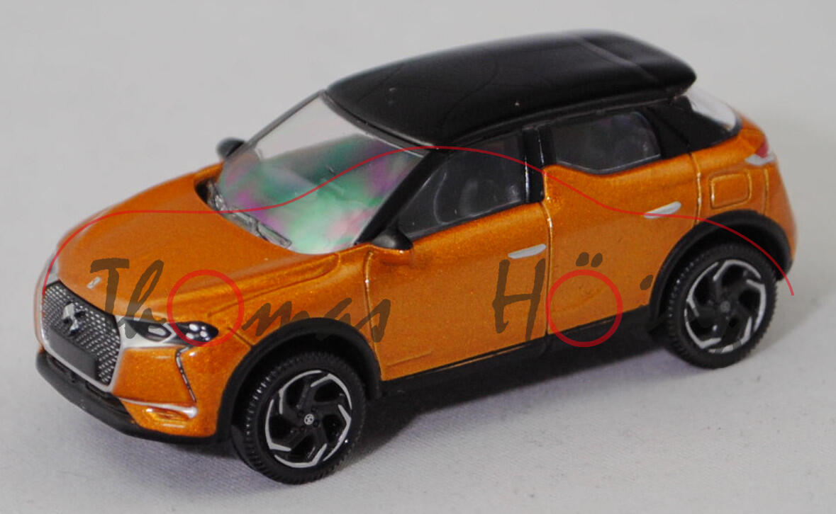 DS 3 Crossback PureTech 155 Automatik SO CHIC (U, Vorfacelift, Modell 2018-2022), imperial-gold (or imperial), Dach onyx-schwarz (noir onyx), Norev, 1:64, Werbebox