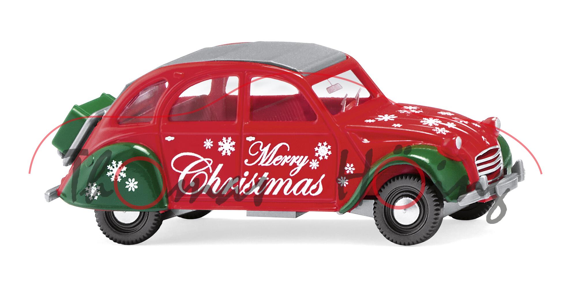 Citroen 2CV AZ (Modell 1966-1970), verkehrsrot/laubgrün, Merry / Christmas, Wiking, 1:87, mb