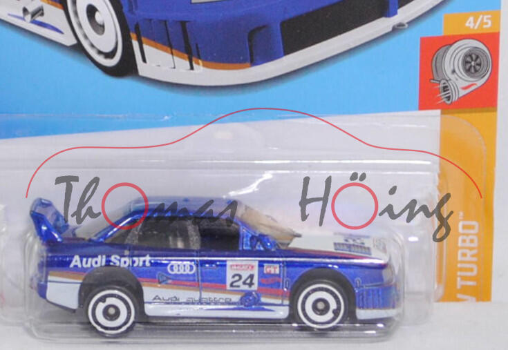 Audi 90 quattro IMSA-GTO 1989 (interne Bezeichnung R5, Gruppe GTO, Modell 1989), kobaltblaumetallic, Startnummer 24, Hot Wheels, 1:63, langer Blister
