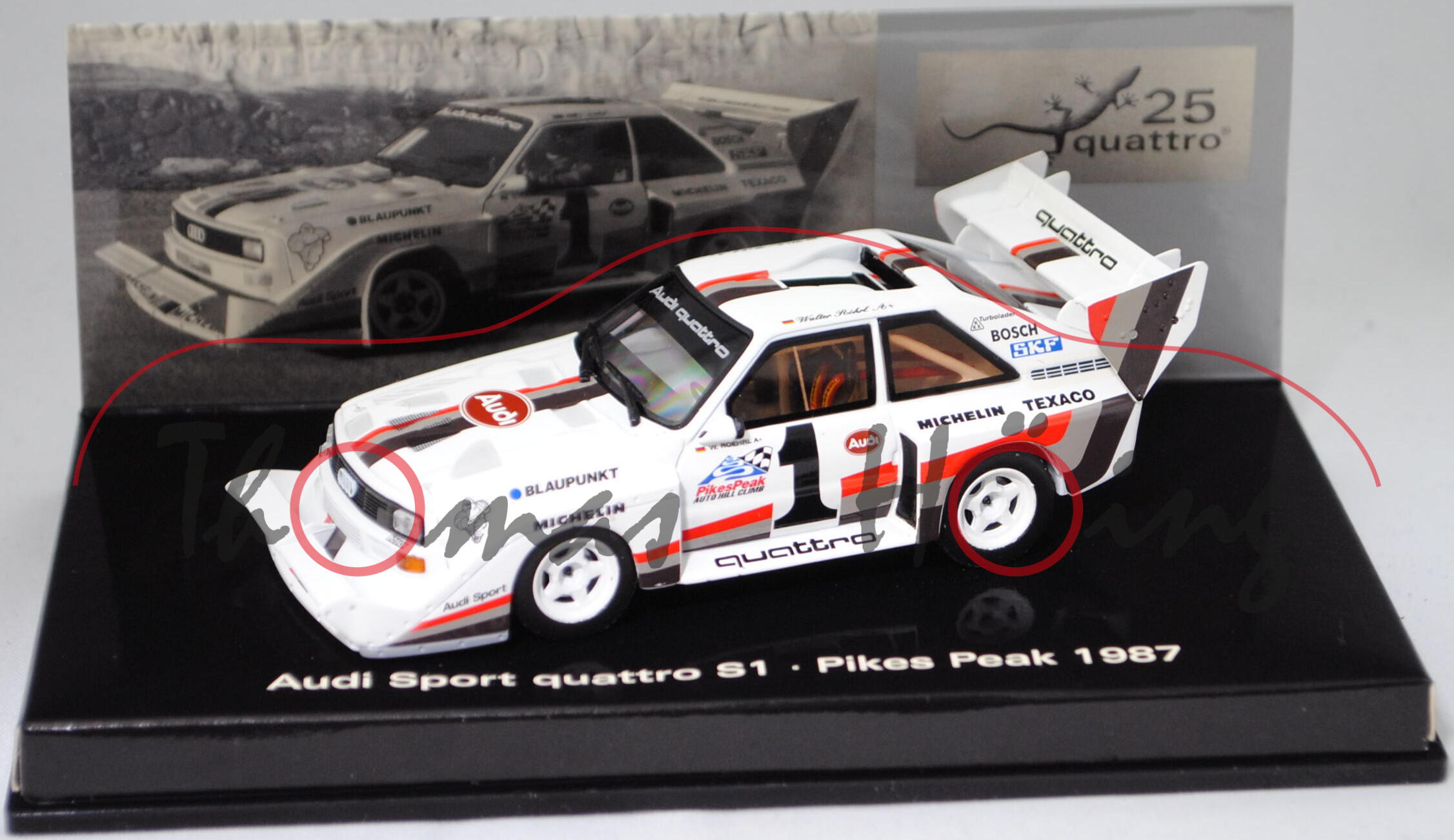 Audi Sport quattro S1 (E2) Pikes Peak 87, Walter Röhrl, Minichamps, 1:43, Werbebox 25 Jahre quattro