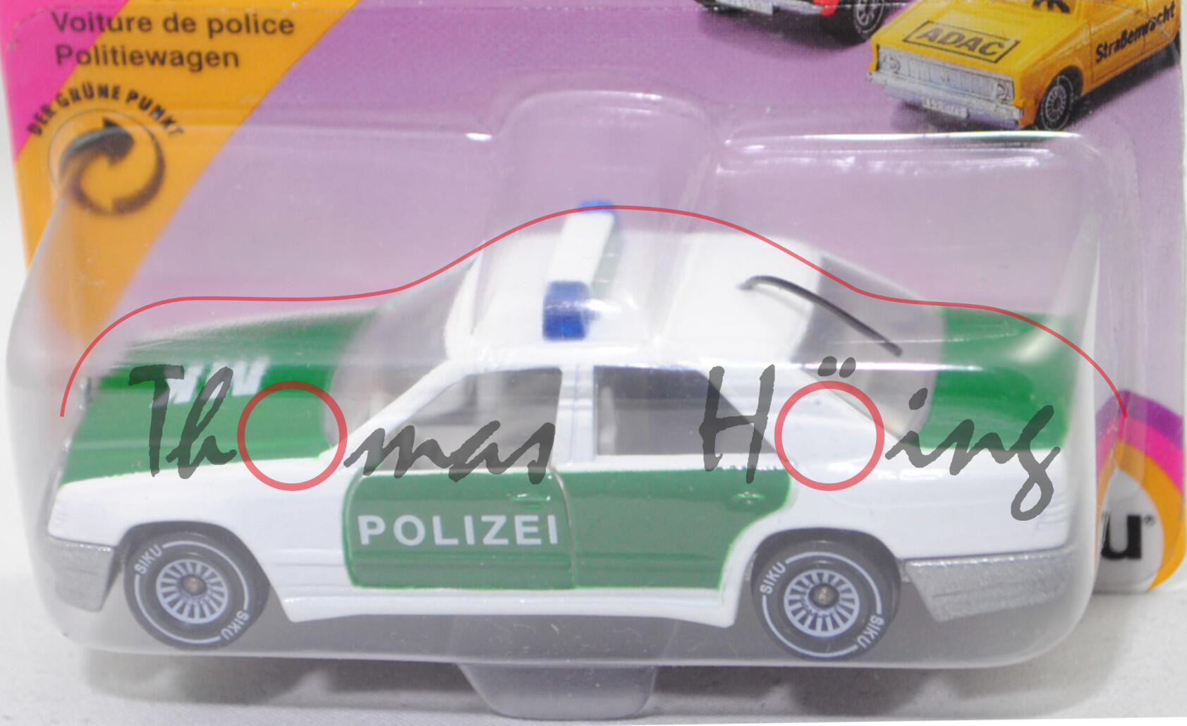 00011 Mercedes-Benz 300 E (W 124, Modell 1985-1986) Peterwagen, reinweiß, POLIZEI / MK, Mittelkonsole strukturiert, Chassis silber, Hong, B4, SIKU, 1:55, P23