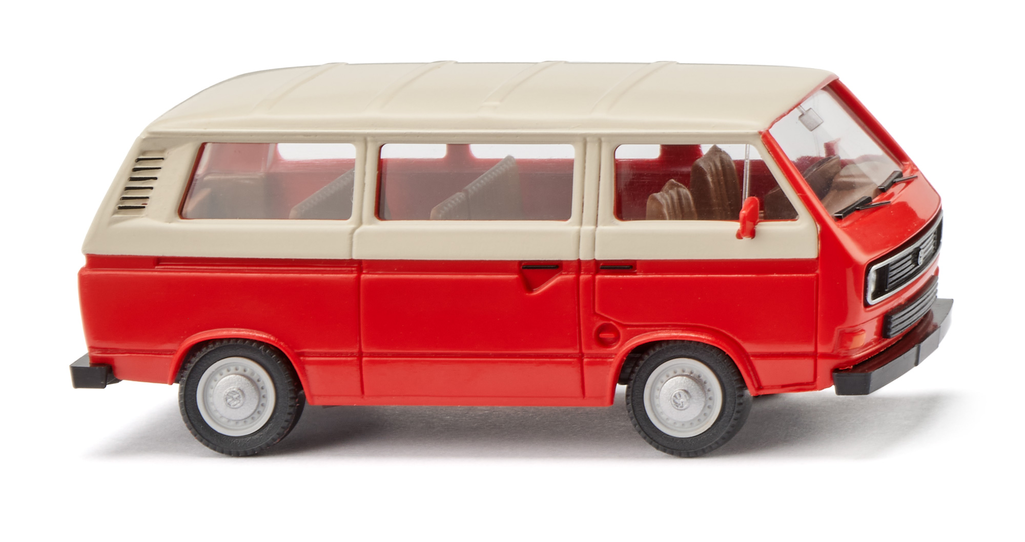 VW Transporter T3 Bus (Typ 2 Transporter 3 (T3, Modell '80), Modellkennziffer Typ 255, Facelift 1982, Modell 1982-1992), hellelfenbein/verkehrsrot, Wiking, 1:87, mb