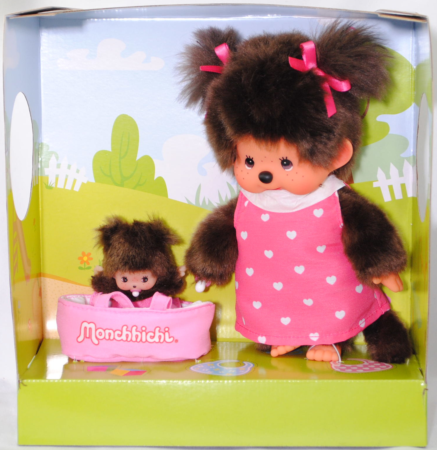Monchhichi Girl With Mini Bebichhichi and COT (Monchhichi Mädchen mit Bebichhichi im Kinderbett), 20 cm groß, Sekiguchi (EAN 4905610204076)