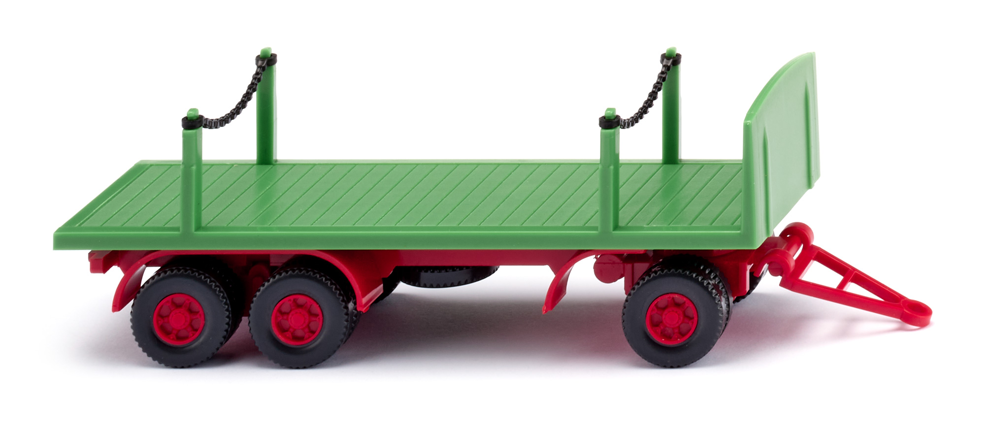 Rungenpritschen-Anhänger (Typ 3-Achs-Anhänger mit Drehschemel, Modell 1962-1978), Flachpritsche maigrün, Ketten schwarz, Drehschemel karminrot, Wiking, 1:87, mb