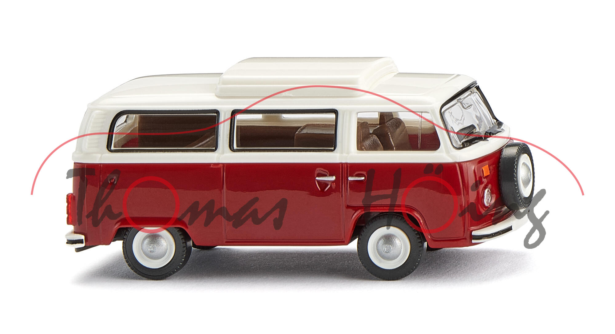VW T2 Campingwagen (Typ 2 Transporter 2 bzw. T2b, Facelift 2 von 1972, Modell 1973-1979) mit geschlossenem Hubdach, weiß/rubinrot, Wiking, 1:87, mb