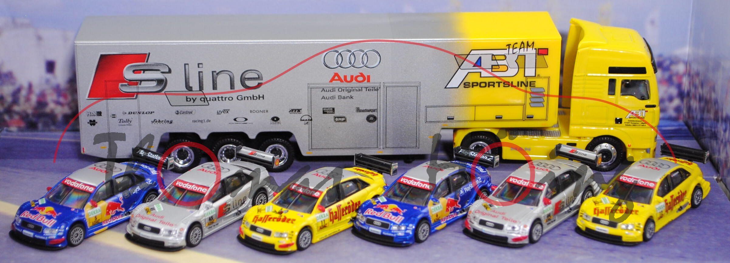 MAN TG-A Renntransporter, gelb/silber, Team Audi Abt Sportsline, 6x Audi A4 DTM 2004, Schuco, 1:87