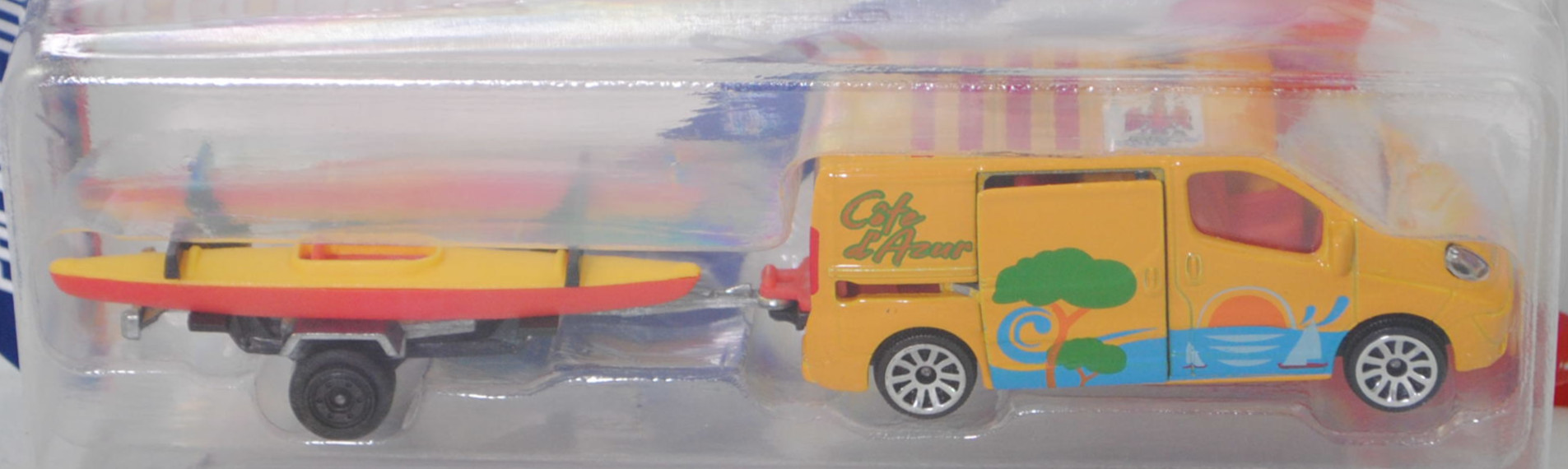 Renault Trafic II Kastenwagen (Modell 2006-2014) mit 2 Kanus, maisgelb, Côte / d'Azur, majorette, Blister