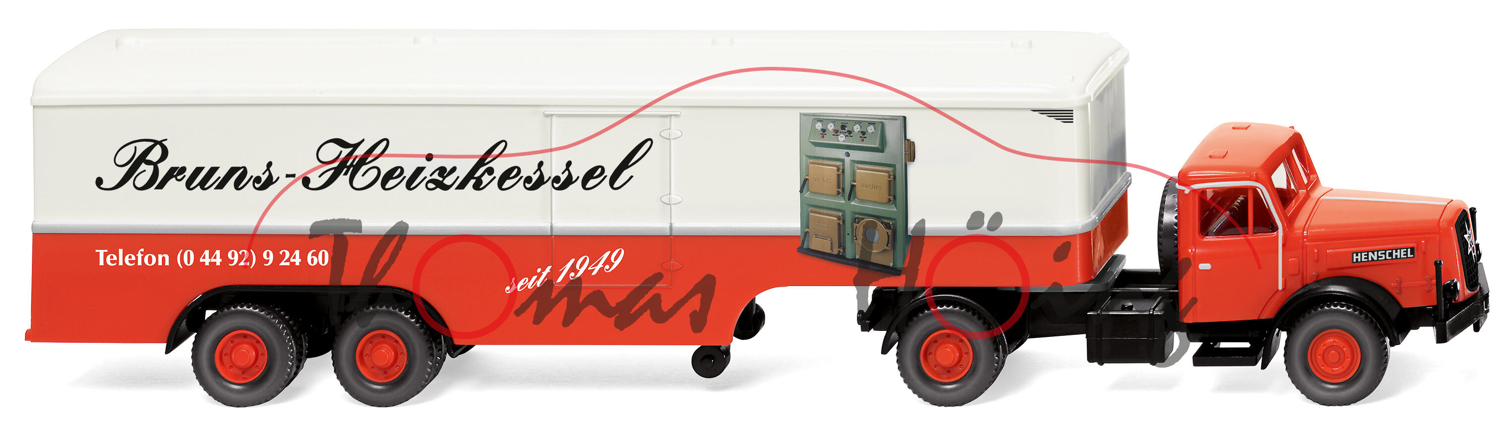 HENSCHEL HS 140 S (Mod. 1955-1961) Koffersattelzug, blutorange, Bruns-Heizkessel, Wiking, 1:87, mb