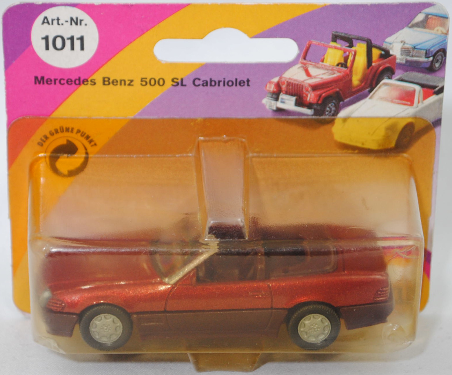 00000 Mercedes-Benz 500 SL (R 129, Modell 1989-1992), purpurrotmetallic, Stern im Kühlergrill und Scheibe seitlich unlackiert, Heckklappe ohne Stern, Germ, B7, SIKU, 1:55, P23 vergilbt