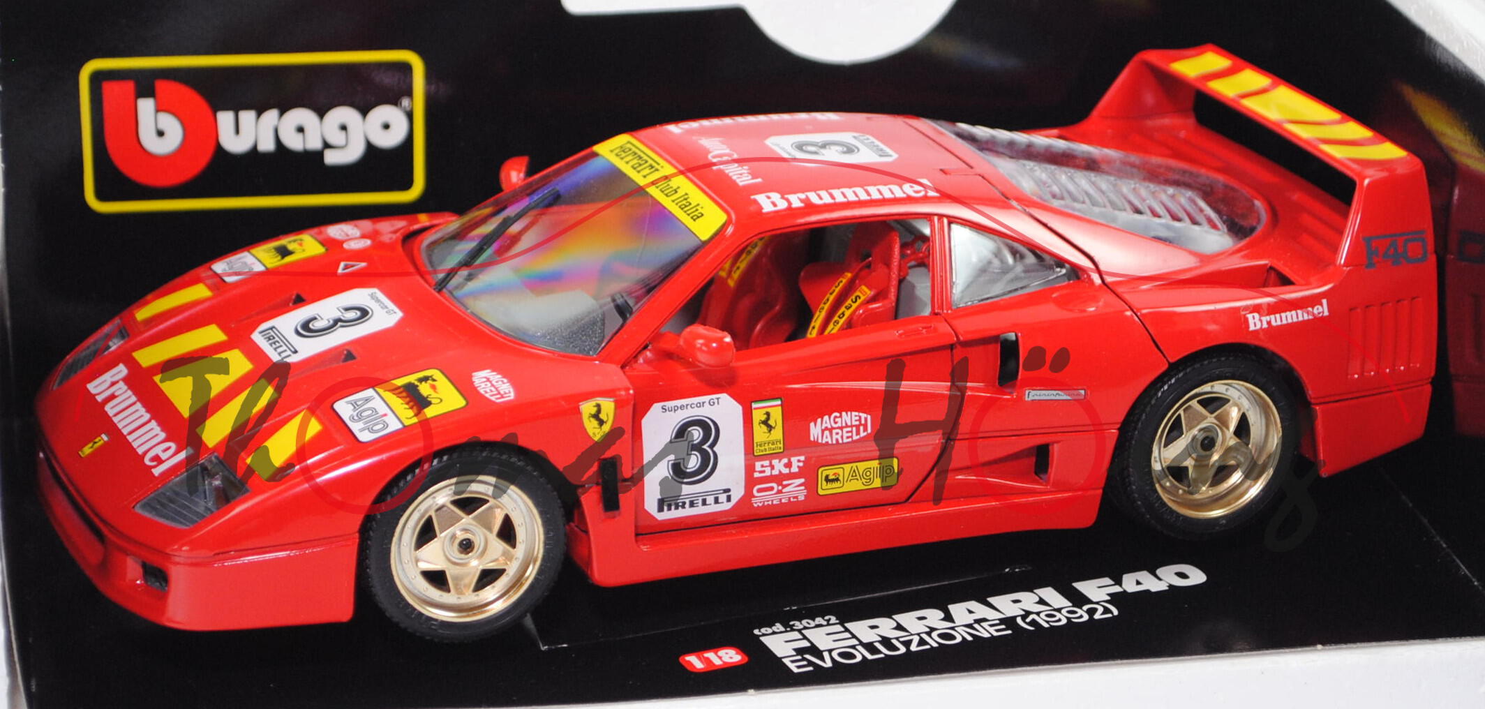 Ferrari F40 evoluzione (Modell 1992), rosso corsa, Sponsoren: Brummel, Nr. 3, Bburago, 1:18, mb