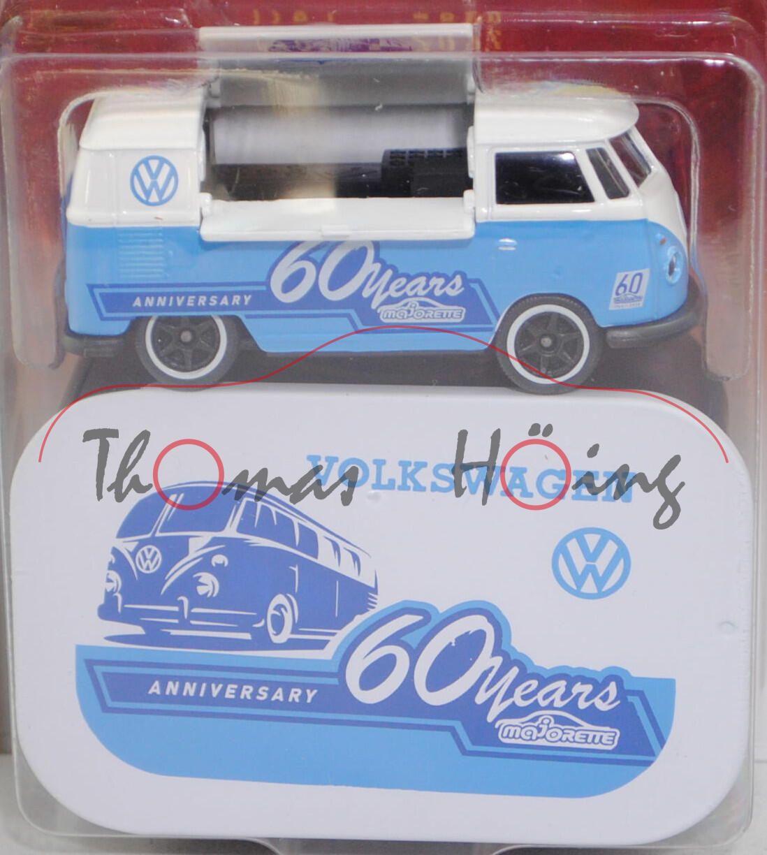 VW Transporter (1. Gen., Typ 2 T1, Modell 1960-1963) Food Truck, weiß/blau, majorette, 1:59, Blister