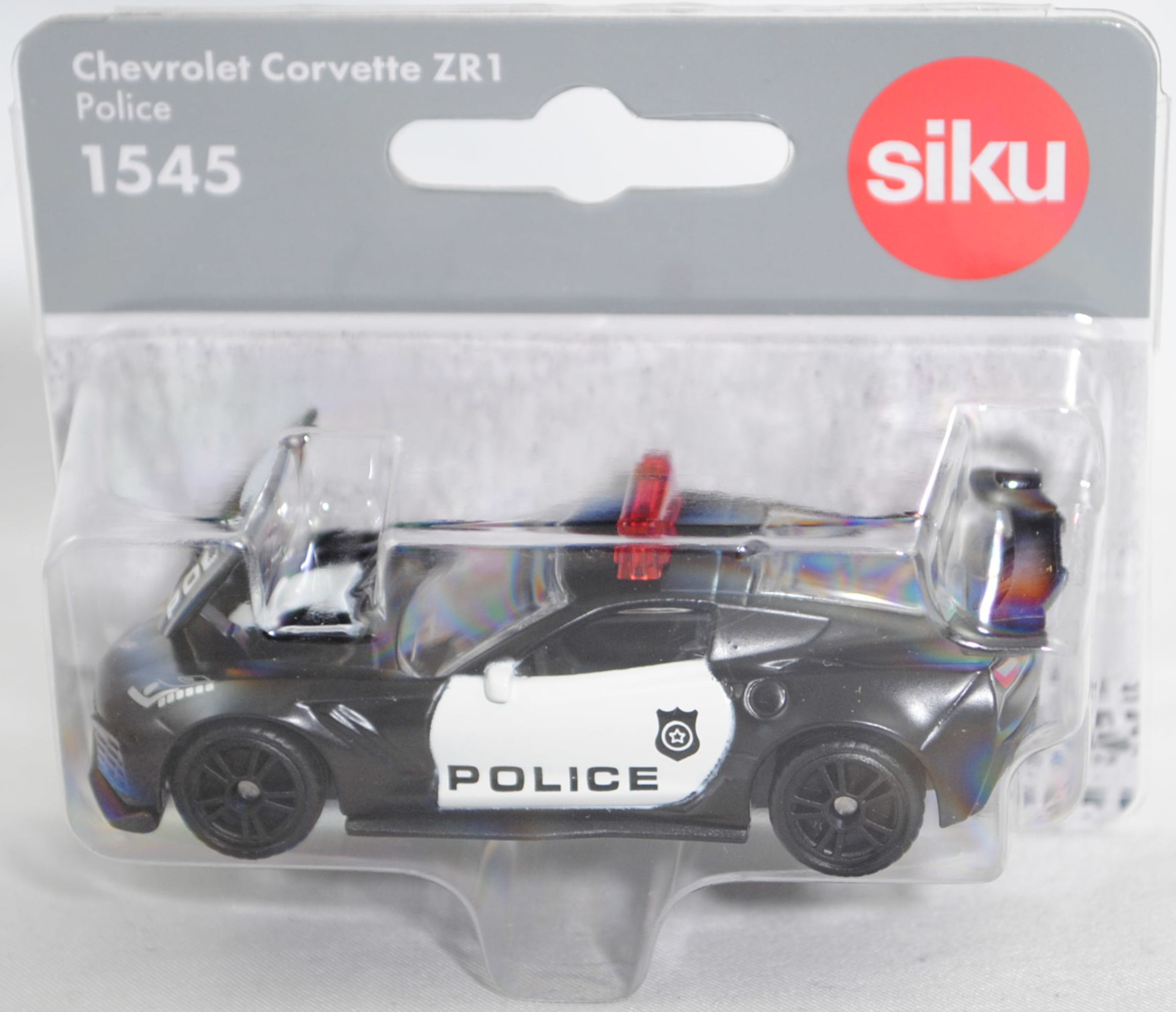 00002 Chevrolet Corvette ZR1 Coupé (7. Generation, Typ C7, Modell 2018-2019) US-Police, schwarz, POLICE, Corvette-Logo in silber/schwarz/signalrot, SIKU SUPER, 1:56, P29f