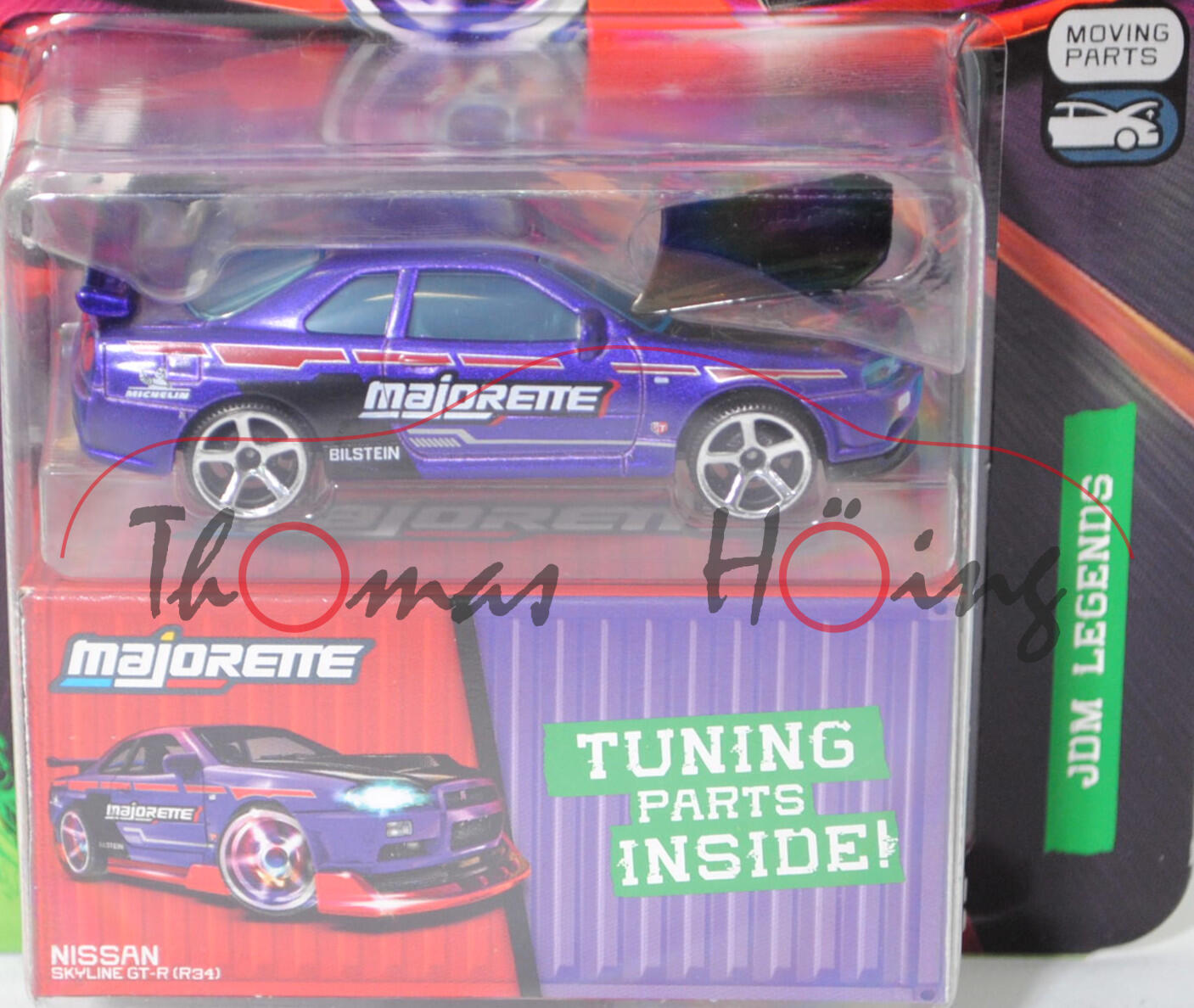 Nissan Skyline GT-R (R34, Modell 1999-2002) (Nr. 233D), d.-blauviolettmet./schwarz, Beilage: Bodykit und Tuning-Zubehör, majorette, 1:59, Blister (JDM Legends DELUXE CARS)