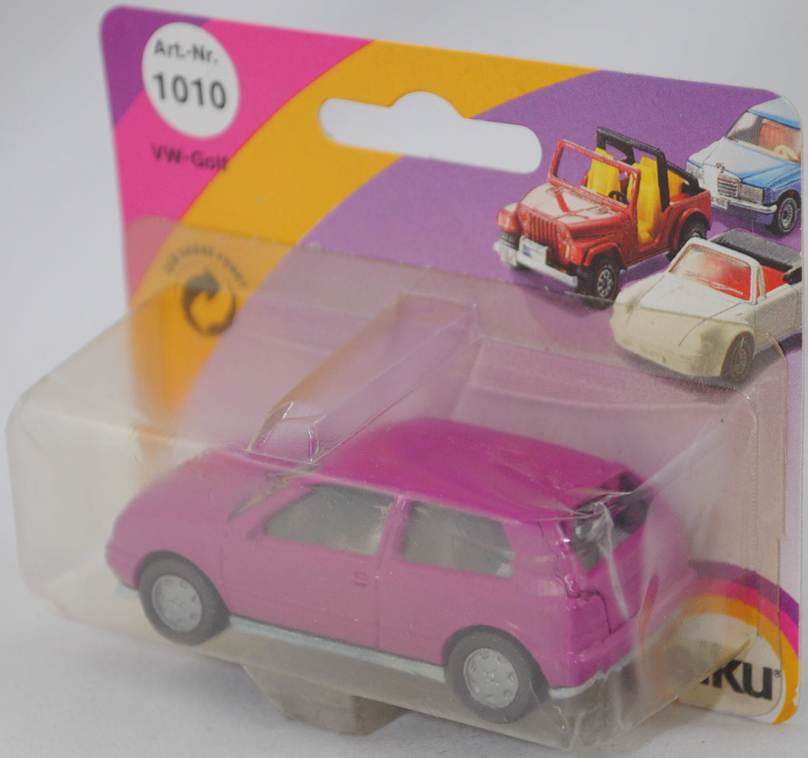 00000 VW Golf III 1.8 GL (Typ 1H, Vorfacelift, Modell 1991-1994), verkehrspurpur, innen grau, Lenkrad schwarz, Chassis chrom, Germ, Bpr. ohne Artikelnummer, SIKU SUPER, 1:56, P23 vergilbt