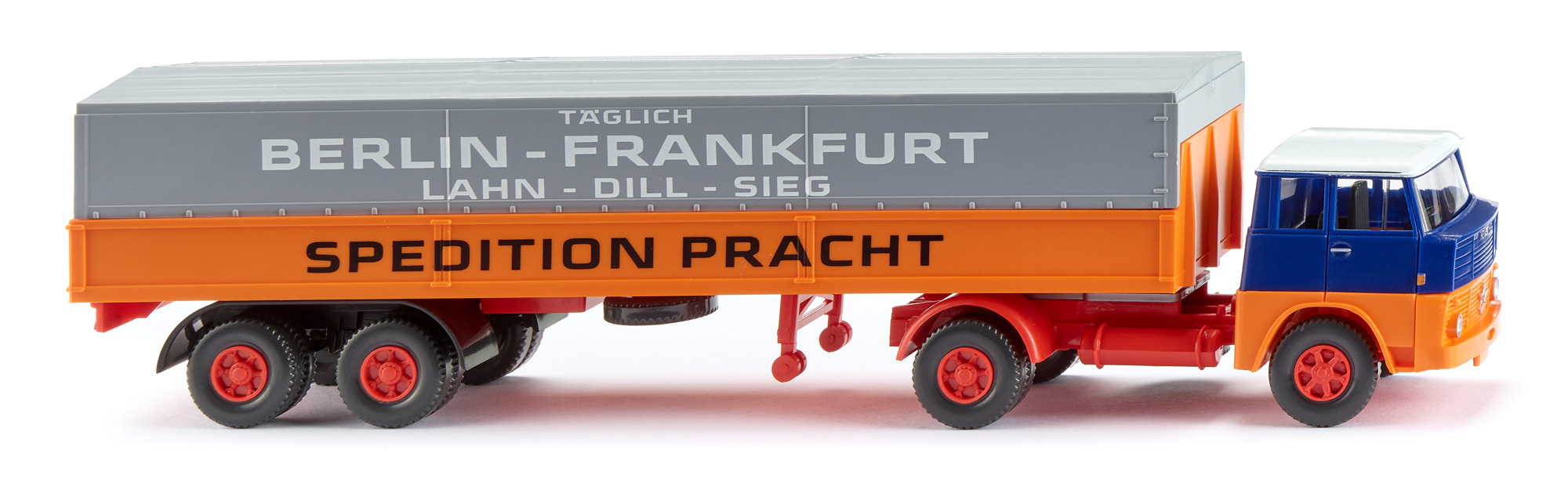 Henschel HS 14/16 TS Frontlenker (interne Baureihenbezeichnung 503, Vorfacelift, Modell 1961-1962) Pritschensattelzug, blau/orange, SPEDITION PRACHT, Wiking, 1:87, mb