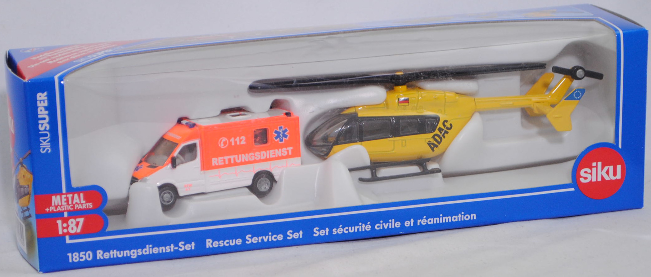 00001 Rettungsdienst-Set: RTW Mercedes-Benz Sprinter II und Eurocopter EC 145 Hubschrauber, RTW: reinweiß/leuchtorange; Hubschrauber: verkehrsgelb, ADAC, SIKU, 1:87, L17mpK