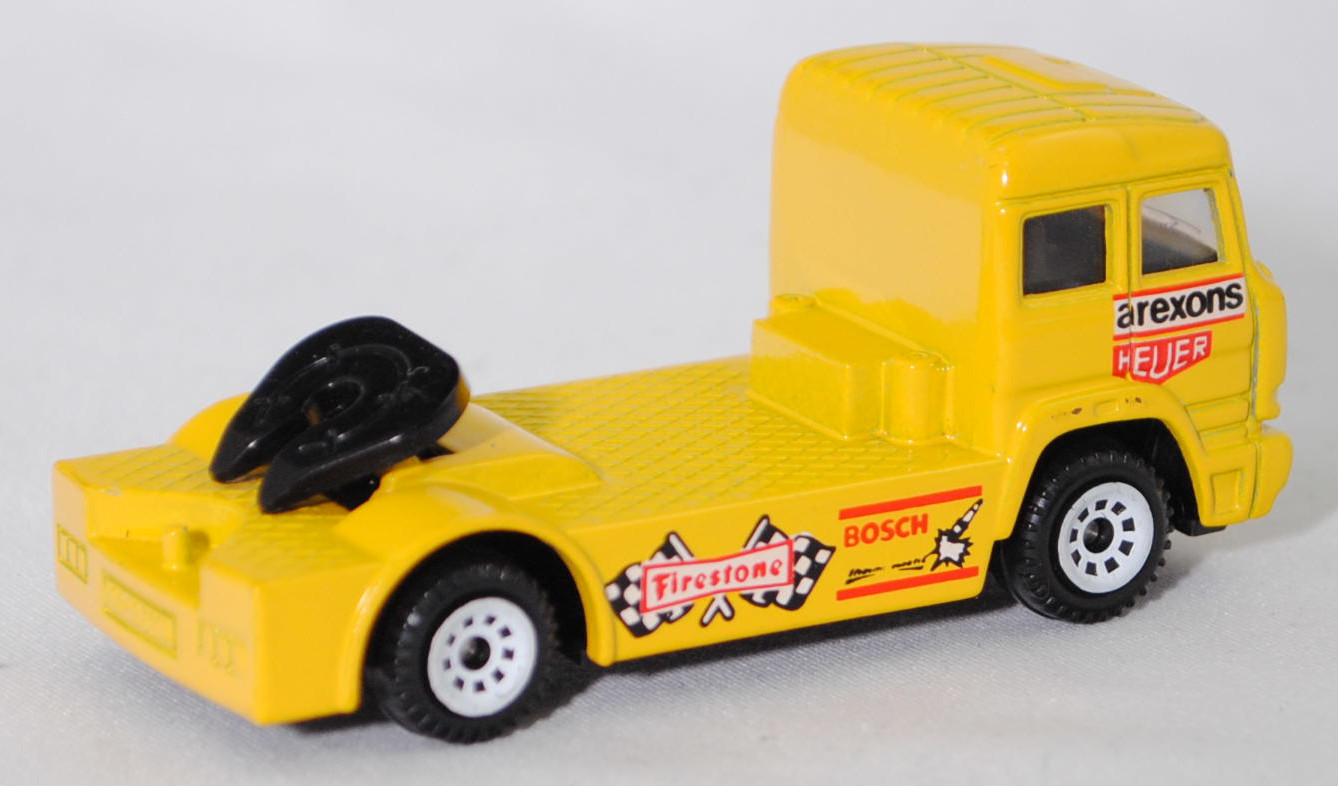 00001 Iveco TurboStar (Modell 1987-1990) Renntruck (Truck-Racing-Europameisterschaft 1989-1993, Klasse B), gelb, arexons / HEUER / Firestone / BOSCH, C1 reinweiß, SIKU, 1:86, m