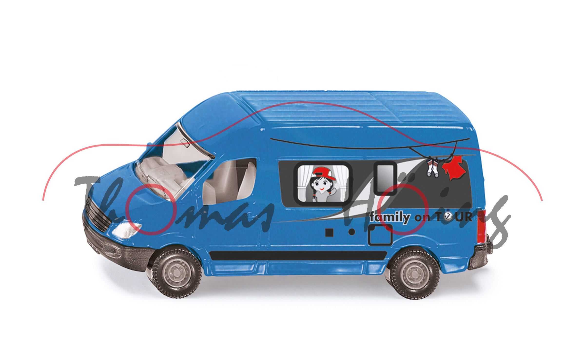 00000 Mercedes-Benz Sprinter II (NCV 3, W 906, Modell 2006-2009) Campingvan, blau, family on TOUR, SIKU, 1:77, P29e