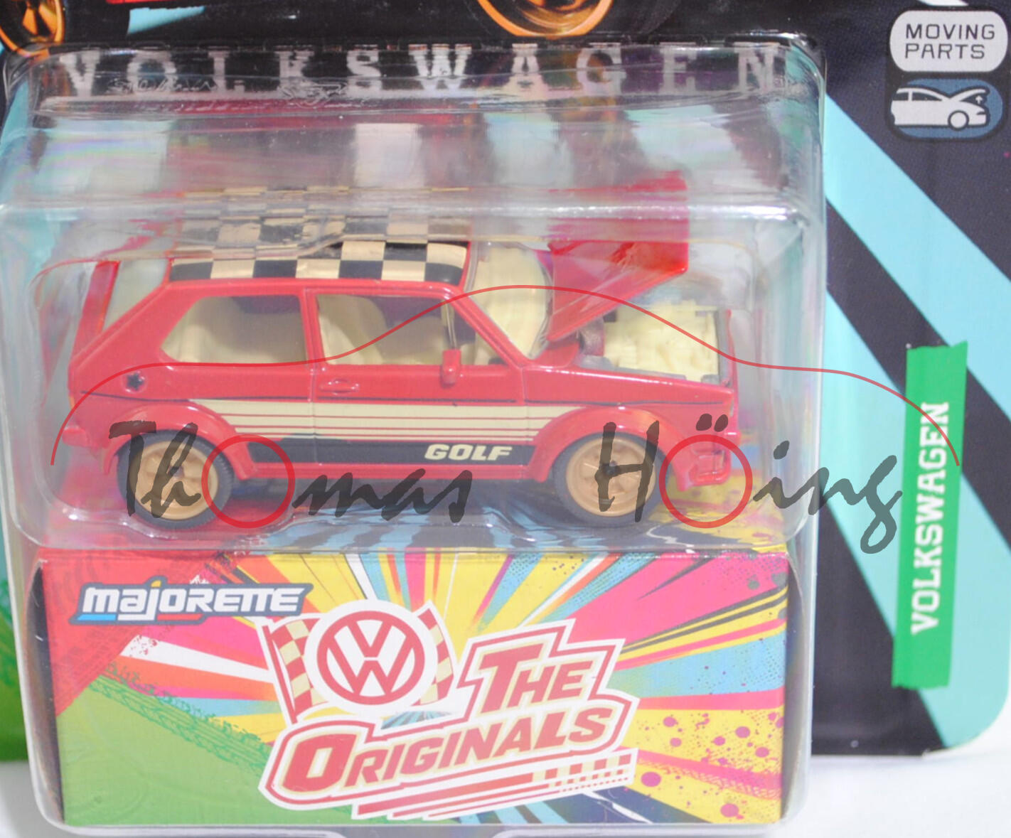 VW Golf I GTI (Modell 1976-1978) Rallye Gruppe 2 , rot, Kotflügelverbreiterungen gemäß Gruppe 2 Reglement, majorette, 1:52, Blister (VOLKSWAGEN DELUXE CARS)