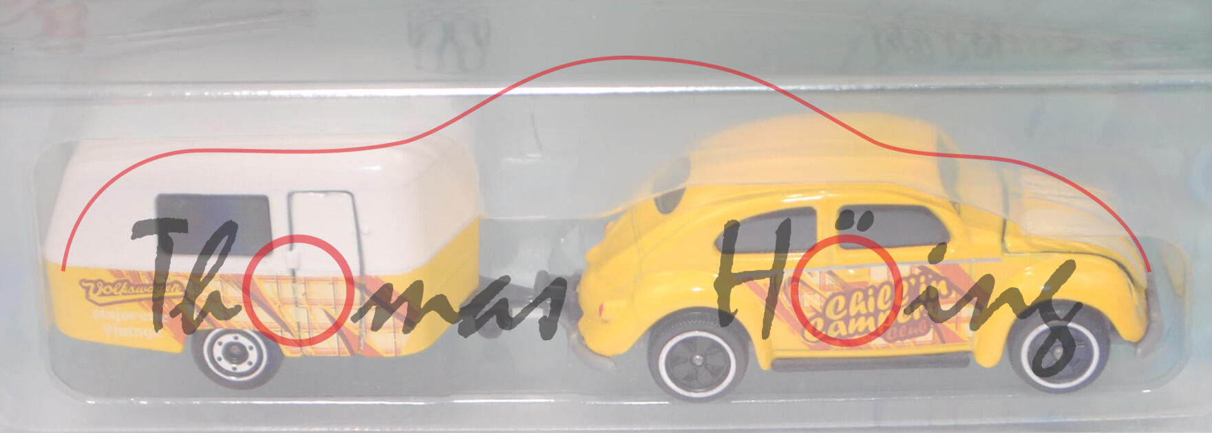 Volkswagen 1200 (Typ 11, Mod. 53-57) mit ERIBA-Leicht-Wohnanhänger PUCK, gelb, majorette, Blister